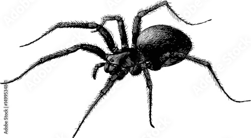 Detailed black and white illustration of a spider with intricate linework. Vector illustration
