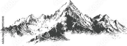 Sketch of majestic mountain range with sharp peaks in monochrome style. Vector illustration