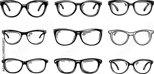 Black and white illustration of nine different eyeglass frames in a grid layout. Vector illustration