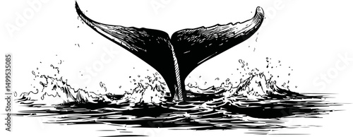 Black and white whale tail splashing water in the ocean, . Vector illustration