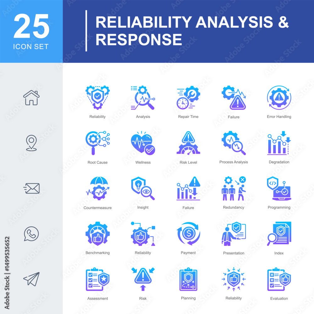 A focused icon set on analyzing, evaluating, and responding to system failures and risks in reliability management, including diagnostics, insights, and root cause analysis. A focused icon set on analyzing, evaluating, and responding to system failures and risks in reliability management, including diagnostics, insights, and root cause analysis.