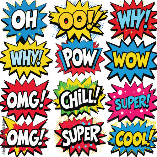 Cartoon comic sign burst clouds. Speech bubble, boom sign expression and pop art text frames. symbols set, Comics mem expressions speech, superhero book bubbles label. Isolated eps vector file.