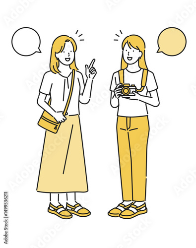 イラスト素材【旅行シーン】：楽しそうに話す２人組の女性