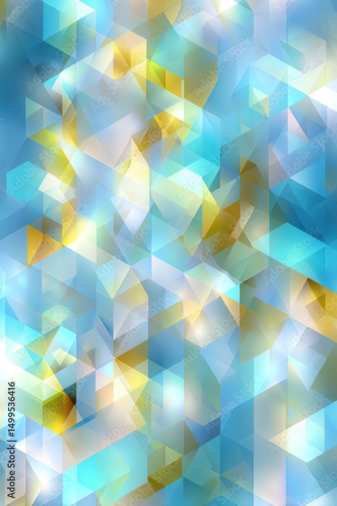 Fototapeta premium Abstract mosaic of geometric shapes in blue yellow and white colors modern design from above
