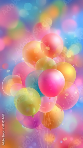 Celebration Balloons Floating Upward in a Colorful Bokeh Background for Party or Festive Occasion with Bright Colors