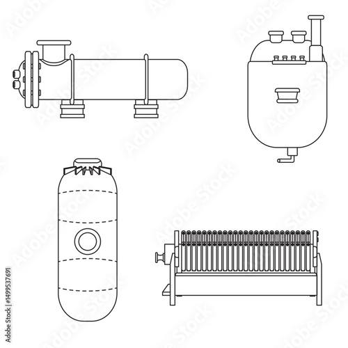 Industrial chemical equipment outline vector set featuring reactors, tanks, filter, and heat exchangers. Ideal for factory, engineering, processing, and manufacturing-themed visuals and infographics.