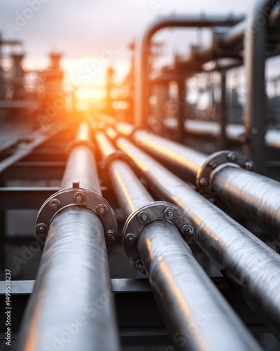 Industrial pipeline system for oil and gas transportation at sunset; low angle view of metal pipes and flanges in refinery