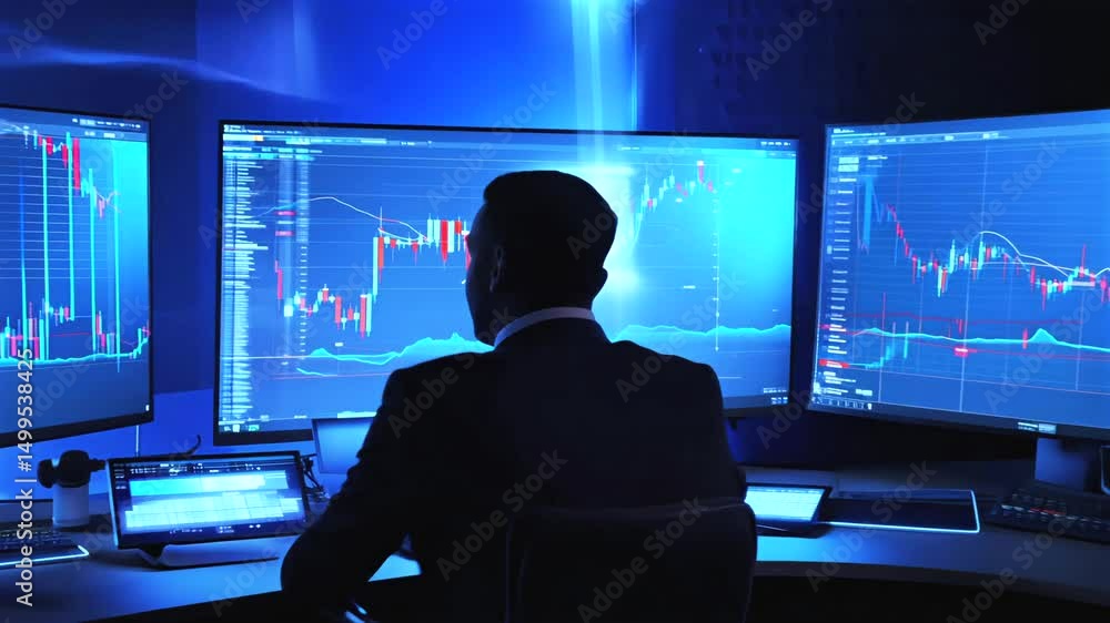 Silhouetted trader analyzes blue-lit charts on three giant screens, financial data fluctuating around room in dynamic trading hub of high-stakes analysis, dark interior pulses with digital energy. Silhouetted trader analyzes blue-lit charts on three giant screens, financial data fluctuating around room in dynamic trading hub of high-stakes analysis, dark interior pulses with digital energy.
