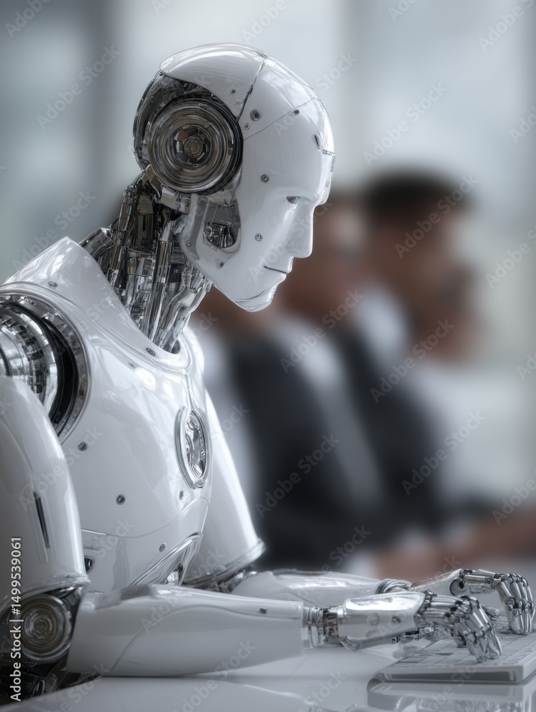 Fototapeta premium Robot typing on keyboard in office setting profile view artificial intelligence concept future of work automation