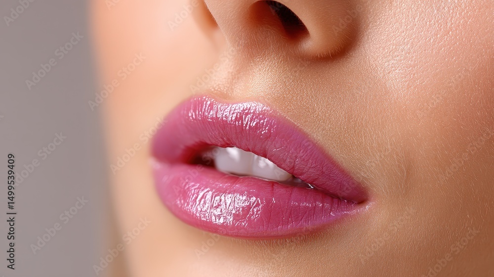 Fototapeta premium A close-up of luscious lips adorned with shiny pink lipstick, showcasing beauty, allure, and elegance. Perfect for cosmetic, fashion, or beauty-themed projects and promotions.