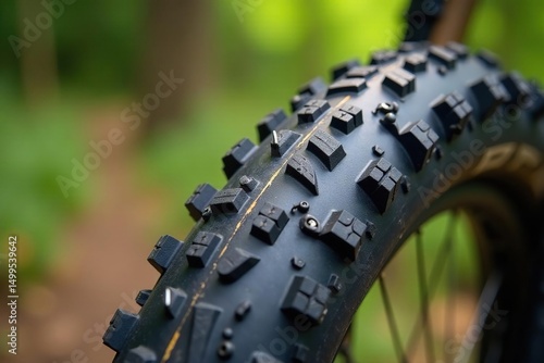 Close-up of rugged mountain bike tires, showing tread pattern and texture , texture, wheels, gravel
