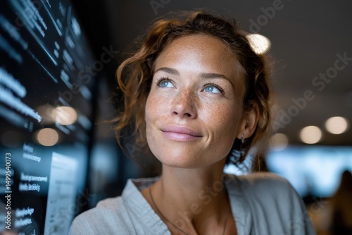 Free Download A smiling woman looks up with inspiration at a display screen, embodying the spirit of creativity, innovation, and positive thought in a dynamic, tech-driven environment. - GFXLoad