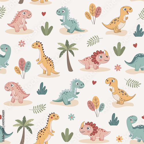 Seamless pattern of cute colorful dinosaurs with floral and geometric elements. Vector illustration
