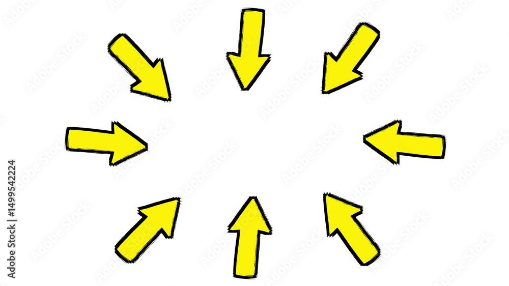 Loop animation of bright yellow arrows pointing toward the center on a clean white background. The minimal and high-contrast style makes it ideal for infographics, educational videos, and clean visual Loop animation of bright yellow arrows pointing toward the center on a clean white background. The minimal and high-contrast style makes it ideal for infographics, educational videos, and clean visual