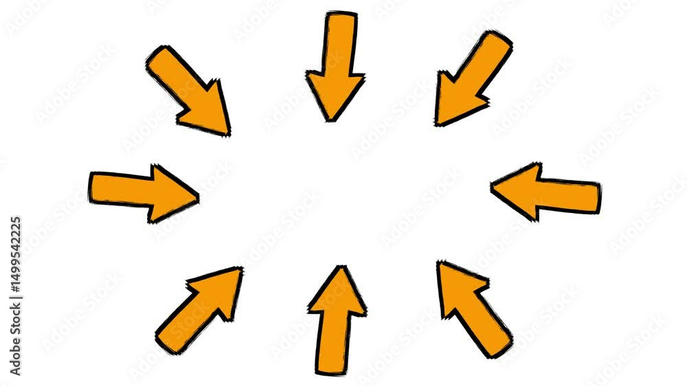 Loop animation of bold orange arrows pointing toward the center on a clean white background. The high-contrast look and playful style make this animation ideal for presentations, explainers, or infogr Loop animation of bold orange arrows pointing toward the center on a clean white background. The high-contrast look and playful style make this animation ideal for presentations, explainers, or infogr