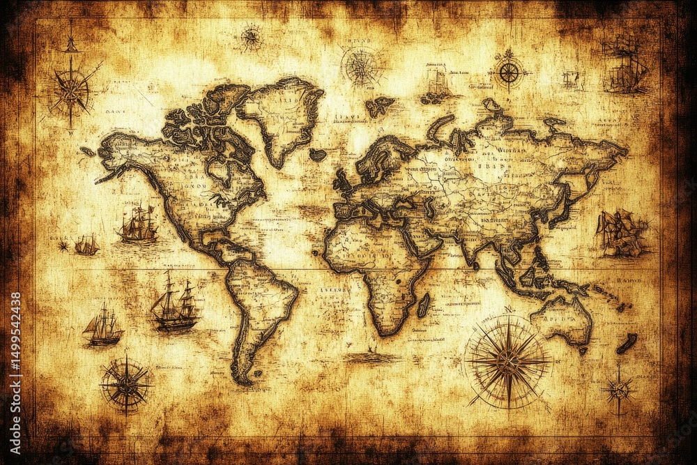 Fototapeta premium Antique world map, aged parchment style