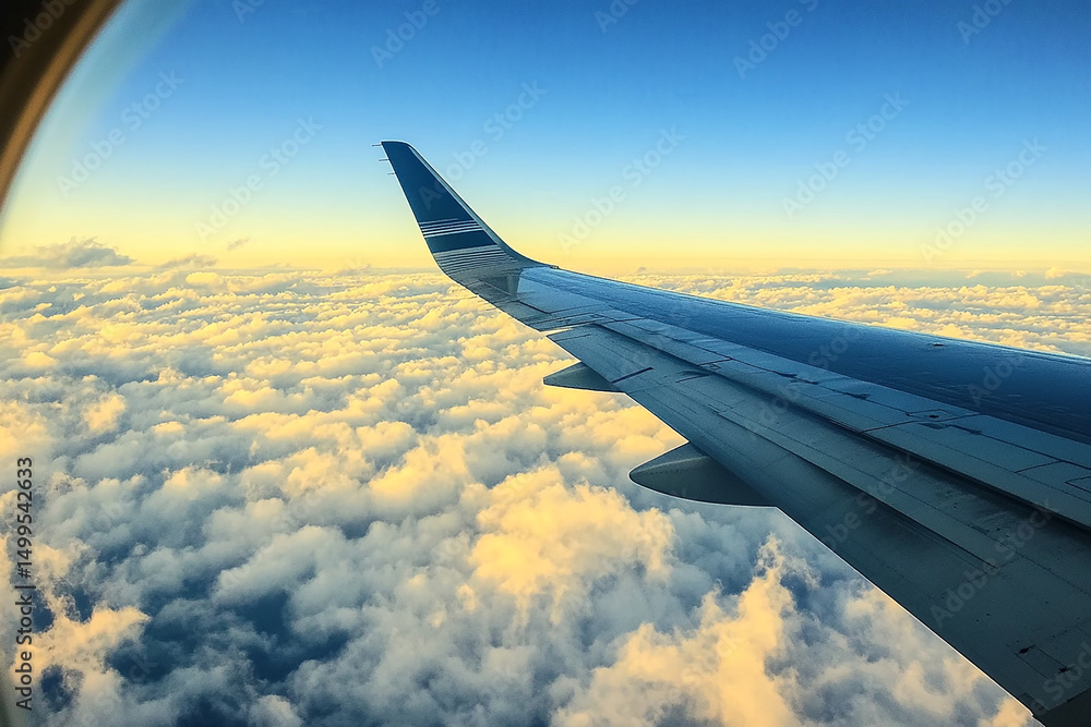 Obraz premium View from airplane window showing wing over clouds against a gradient blue and yellow sky
