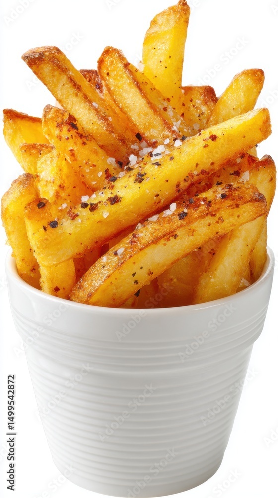 Golden French Fries in White Bowl Close Up Studio Shot on White Background Delicious Snack Food Golden French Fries in White Bowl Close Up Studio Shot on White Background Delicious Snack Food