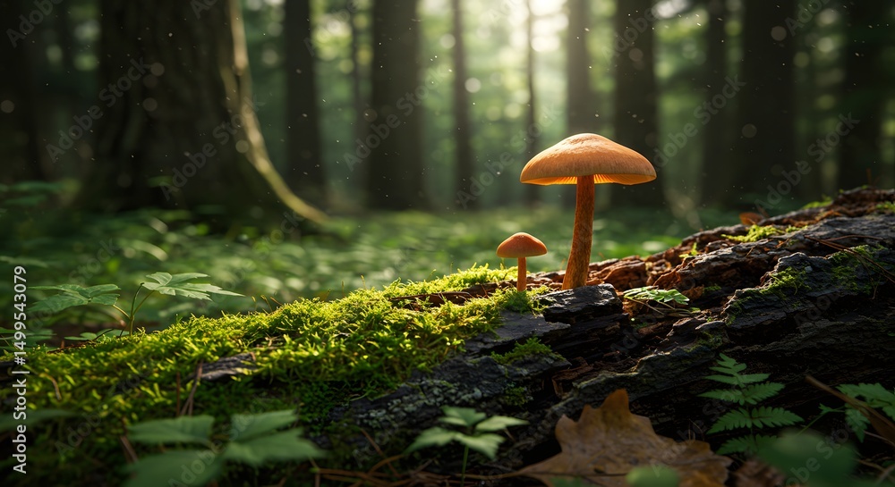 Fototapeta premium Mushroom sprouting from decaying log in dense green forest