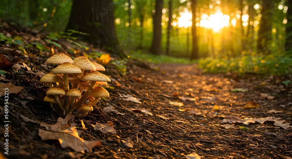 Obraz premium Golden hour light hitting mushrooms on a forest trail