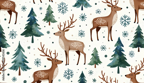 Christmas Pattern with Reindeer and Trees