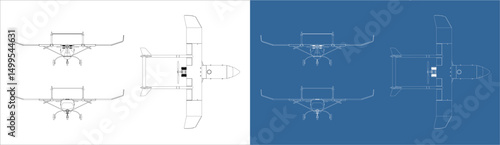 Set UAV military drone blueprint top, front and rear view isolated on transparent background
