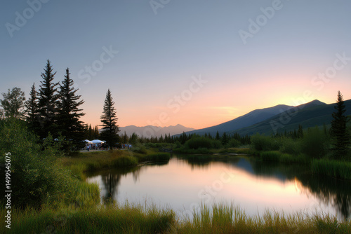 Wallpaper Mural serene summer evening by tranquil lake in alberta surrounded by lush greenery and distant mountains Torontodigital.ca