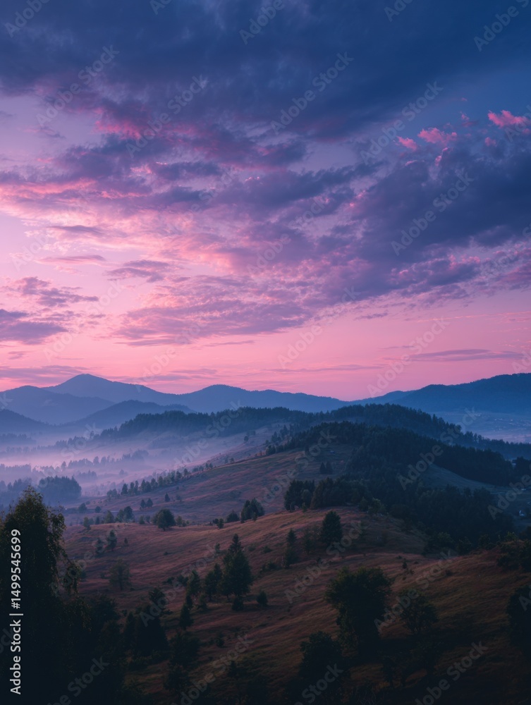 Misty Mountain Landscape at Sunrise with Pink Sky and Clouds Scenic View in Carpathian Mountains Ukraine Misty Mountain Landscape at Sunrise with Pink Sky and Clouds Scenic View in Carpathian Mountains Ukraine