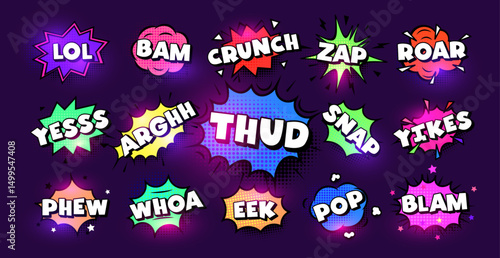 Comic sound effects with text like pop, bam, thud, wow, zap. Vibrant exclamations in modern neon style for stickers, design, comics, humor. Vector illustration.