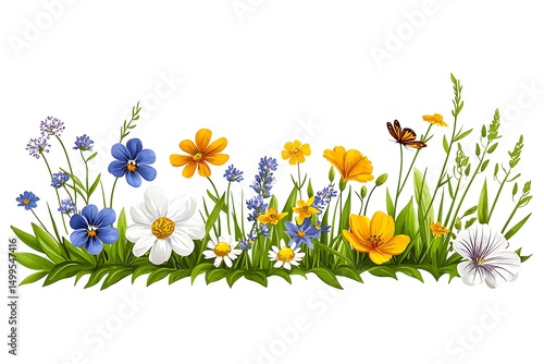 Colorful wildflower border with butterflies and greenery