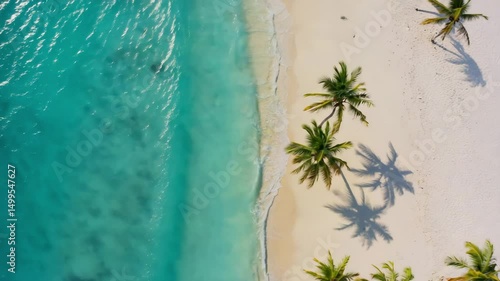 Aerial View of Tropical Beach with Palm Trees and Turquoise Ocean Waves