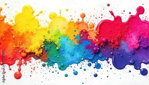 Vibrant rainbow colored paint splatters on white background , vibrant colors, design element, brilliant