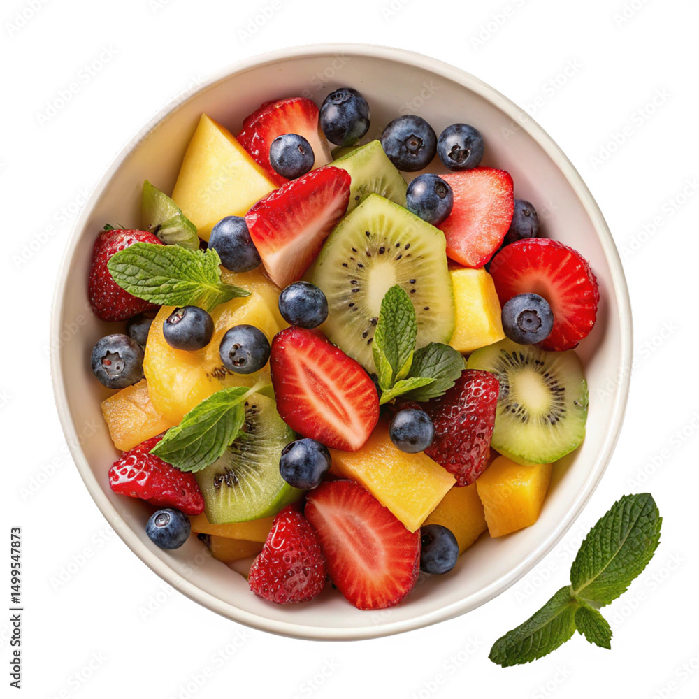 A vibrant fruit salad in a white bowl, featuring a colorful mix of strawberries, kiwi, grapes, mango, and other fruits, garnished with fresh mint leaves, isolated on a white background A vibrant fruit salad in a white bowl, featuring a colorful mix of strawberries, kiwi, grapes, mango, and other fruits, garnished with fresh mint leaves, isolated on a white background