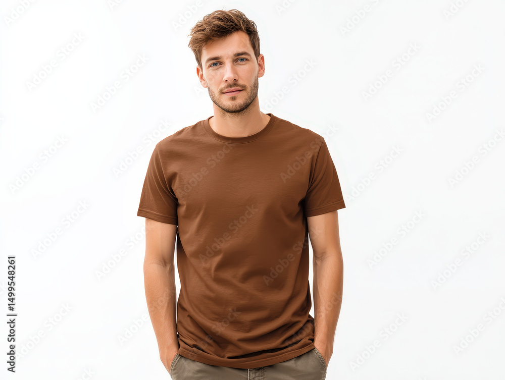 Fototapeta premium A confident man in a brown t-shirt poses against a clean white background, ideal for fashion branding and design previews. 