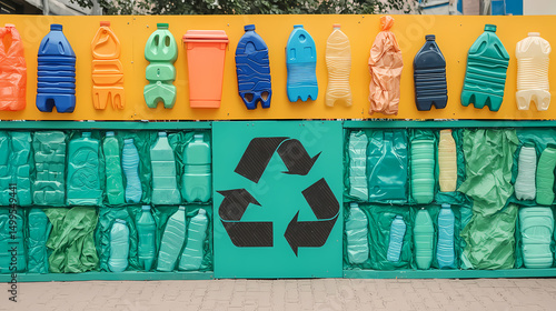 Wallpaper Mural Colorful plastic bottles and containers are displayed above a recycling symbol on a wall made of compressed plastic waste. Torontodigital.ca