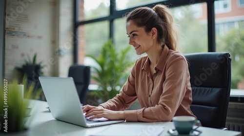 young woman working on laptop