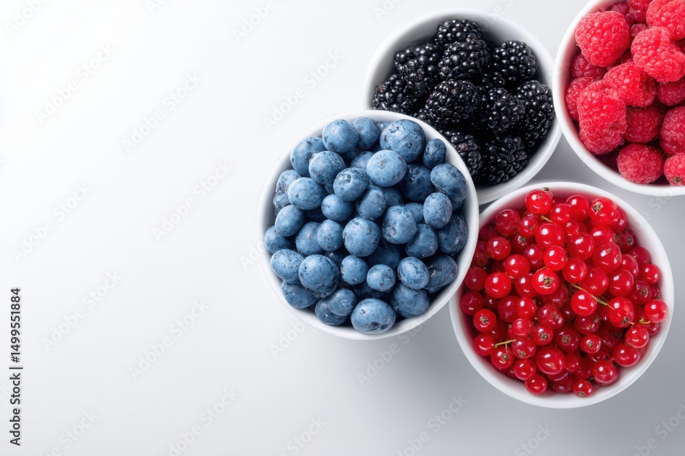 Assorted Berries in Bowls Overhead Still Life on White Background Featuring Blueberries Blackberries Raspberries and Red Currants Assorted Berries in Bowls Overhead Still Life on White Background Featuring Blueberries Blackberries Raspberries and Red Currants