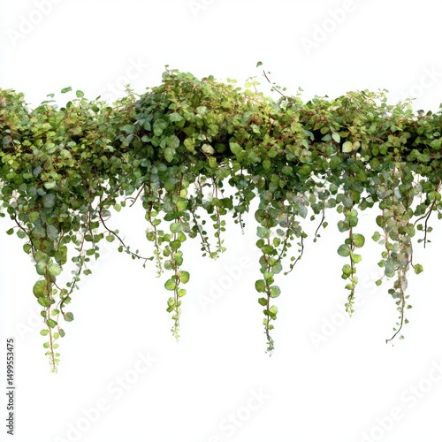 Cascade of Green Dichondra Argentea Silver Falls Plant Against White Backdrop Studio Shot Hanging Vines Trailing Foliage Indoor Garden Decoration