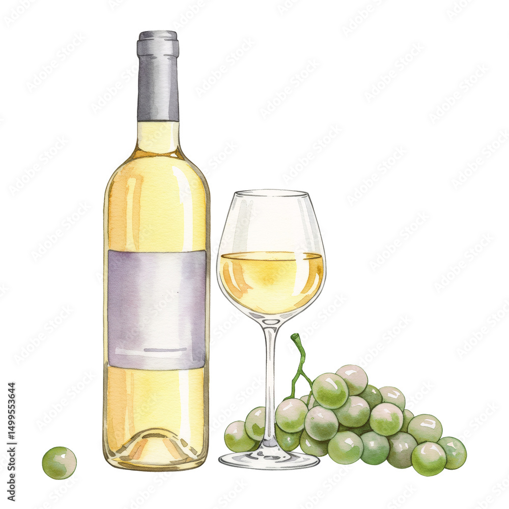 Fototapeta premium White wine bottle and glass with green grapes on transparent background, watercolor illustration for beverage and viticulture concept.
