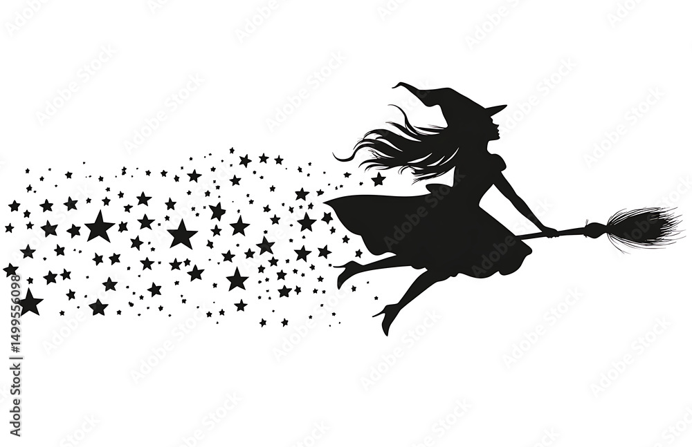 Fototapeta premium Flying Witch Silhouette Sparkle Star Trail Broomstick Halloween Vector Illustration