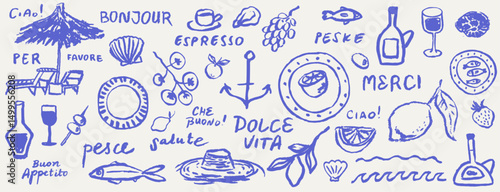 Italian style vacation hand drawn vector illustrations in grunge chalk or charcoal rough doodle sketch style. Summer vacation elements for poster, placard or menu prints and decoration with lettering.