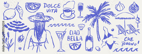 Italian style vacation elements for poster, placard or menu prints and decoration with lettering. Summer vacation hand drawn vector illustrations in grunge chalk or charcoal rough doodle sketch style.