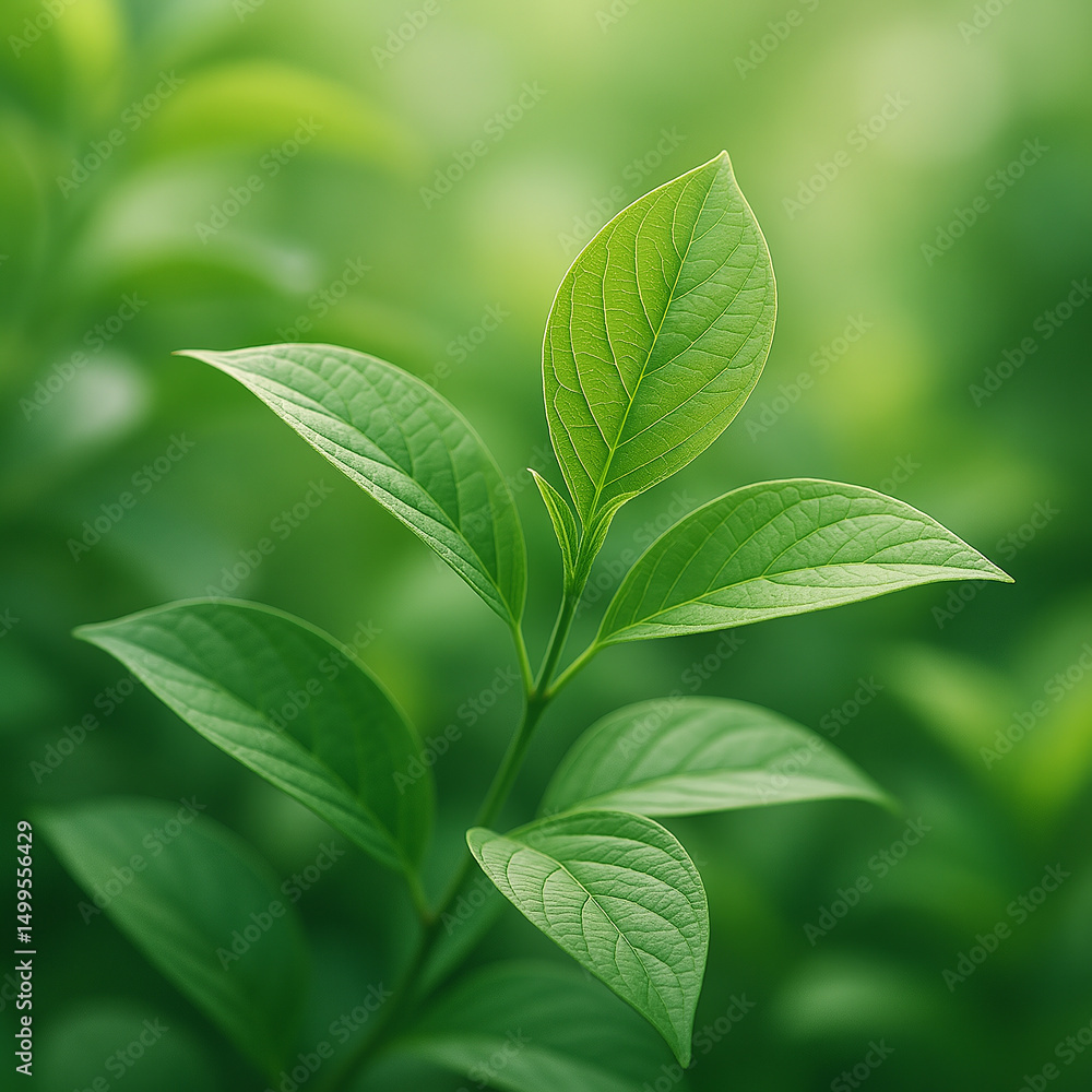 Fototapeta premium Close-up of green leaves with a soft focus background. The leaves are vibrant and healthy, showcasing the beauty of nature and plant life.