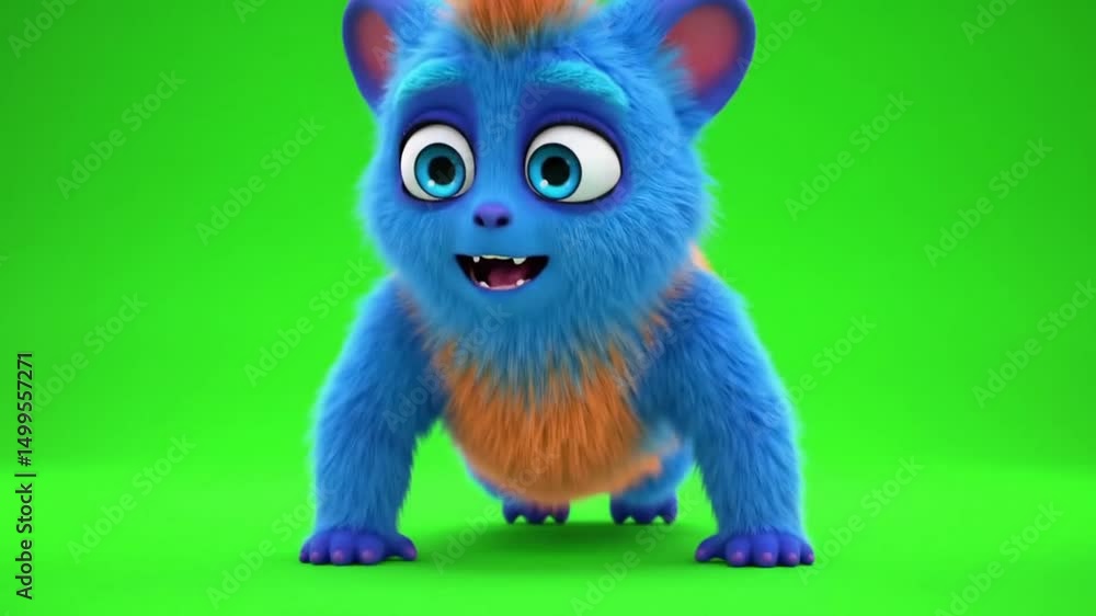 Cartoon Exercise : A cute blue-orange furry creature doing push ups on green screen background for animation and design projects, Generative AI Cartoon Exercise : A cute blue-orange furry creature doing push ups on green screen background for animation and design projects, Generative AI