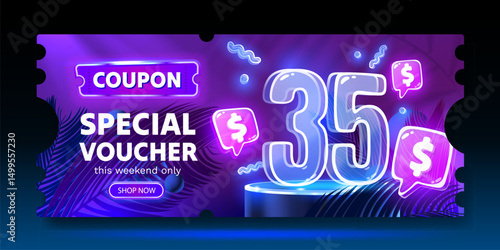 Wallpaper Mural Coupon special voucher 35 dollar, Neon banner special offer. Vector Torontodigital.ca
