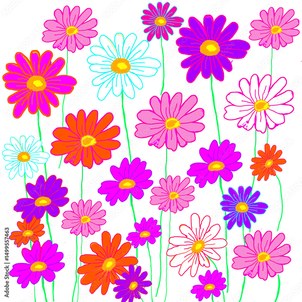 Fototapeta premium Seamless floral pattern, Seamless contemporary pattern of pink, purple, orange and white flowers blooming in spring. 