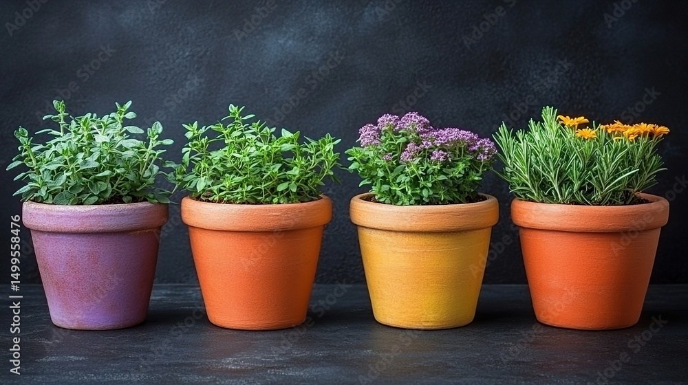 Four colorful terracotta pots hold vibrant herbs Four colorful terracotta pots hold vibrant herbs