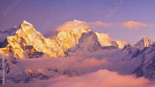 Golden Sunrise Over Snow-Capped Himalayan Mountains Above the Clouds – Serene Winter Landscape