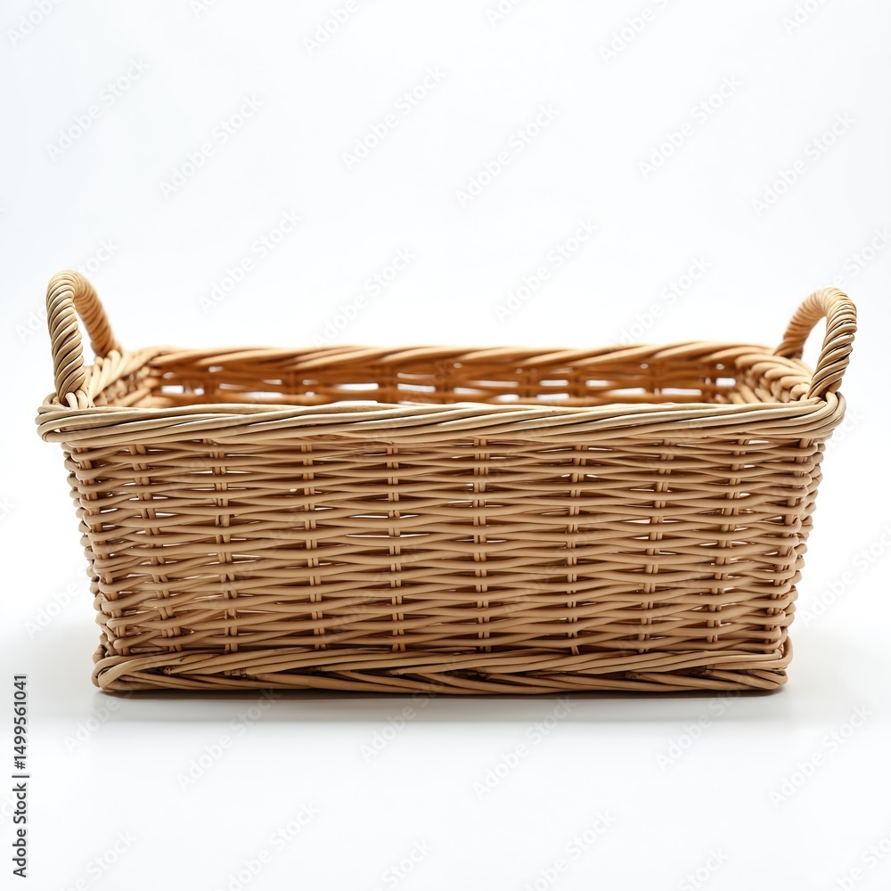 Obraz premium Empty woven wicker basket with handles on white background. Ideal for storage, laundry, picnic, carrying items. Rustic design evokes tradition, natural materials. Perfect for eco-friendly household