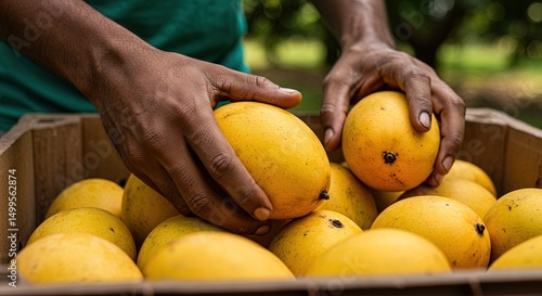 Hand-Picked Harvest: A pair of hands carefully select a ripe mango from a wooden crate, showcasing the fresh produce of a tropical harvest, bathed in natural light. 